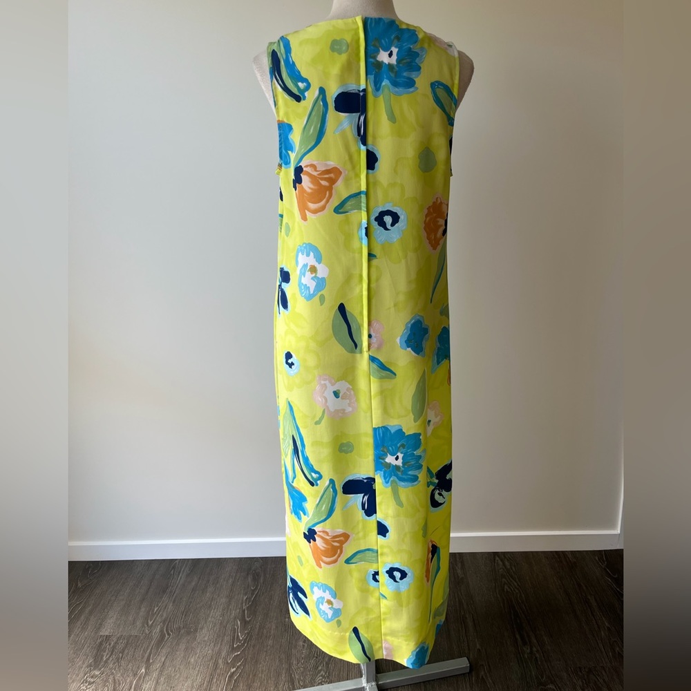 Woman’s dress straight sleeveless yellow green colour floral pattern handmade - Picture 3 of 4